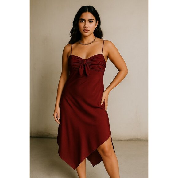 Eva Blue Burgundy Asymmetrical Slip Dress | Ruched Tie Bust Satin Midi Dress | R - Picture 2 of 10